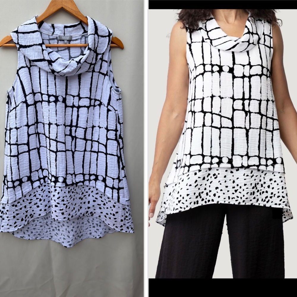 Habitat Black White Abstract Tunic Top Sleeveless Cowl Neck Size Small